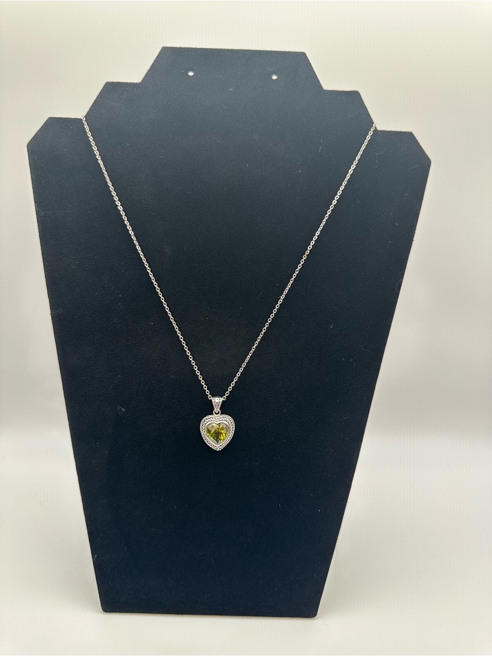 Silver Heart Pendant Necklace with Green Gem